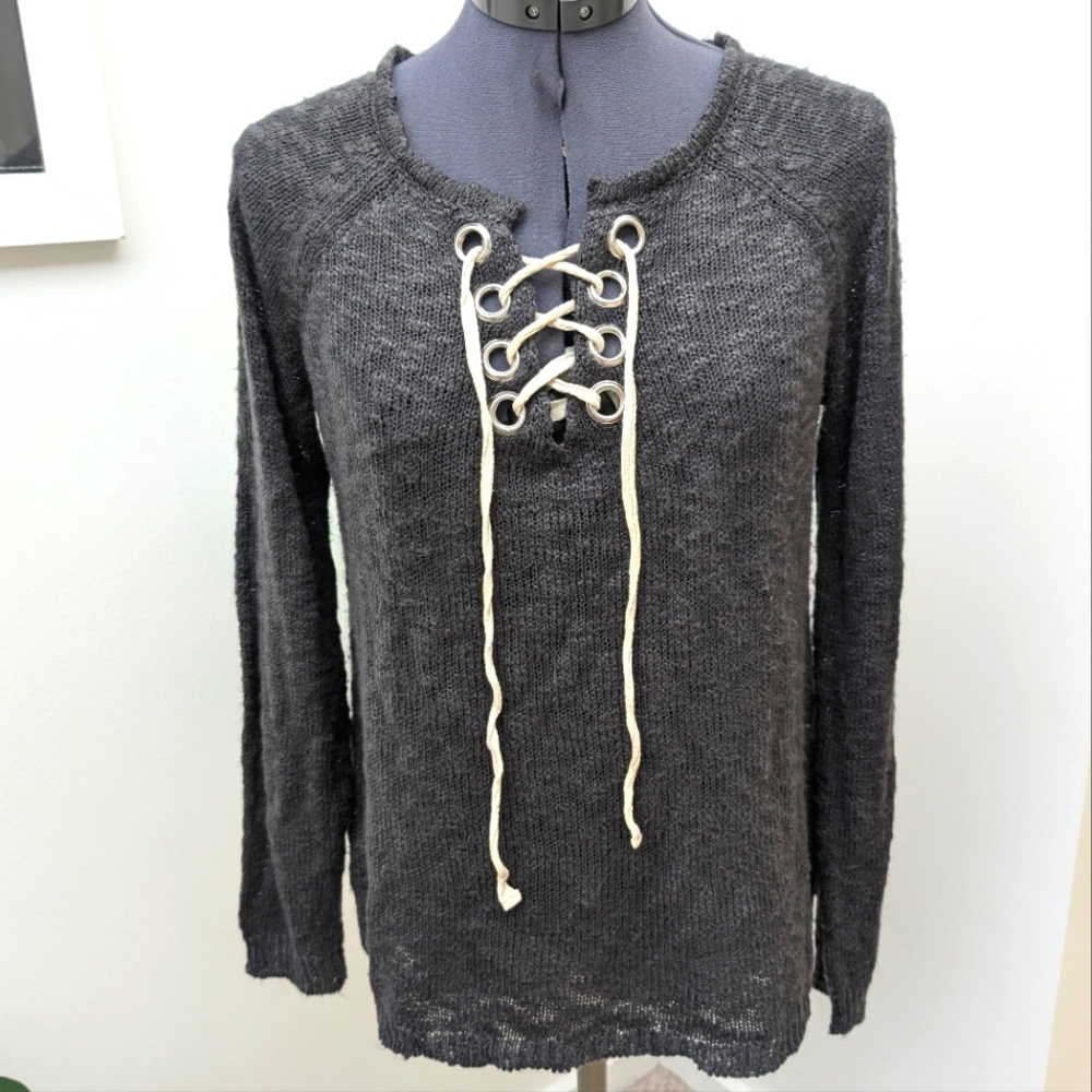 Large women's knit sweater with grommets and lace up neckline Fairy grunge